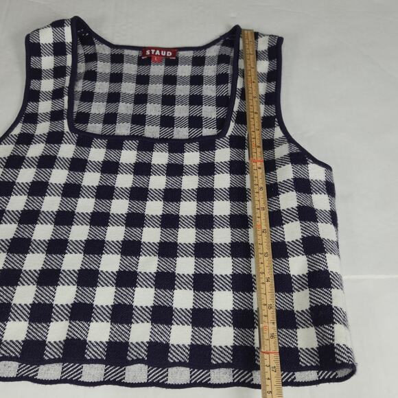 Staud Womens Large Trail Top Cropped Knit Tank Gingham Check Navy Blue Cropped - Picture 5 of 10